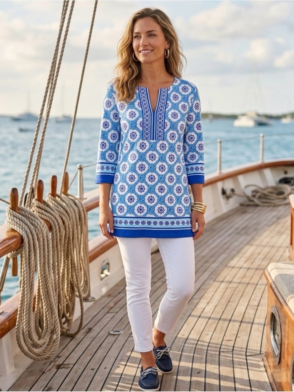 REZOBAY Luxury Resort Wear Nautical Ship Wheel Rope Print Tunic Top Size Small